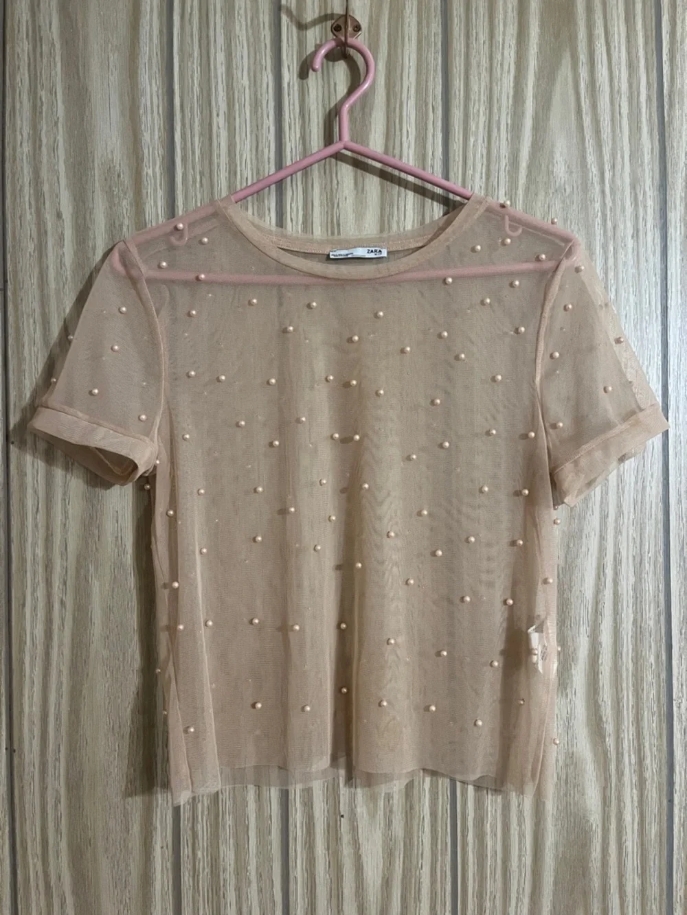 Zara Peach Sheer Pearl-Embellished Short Sleeve Top - Picture 2 of 7